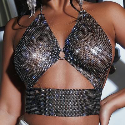 China QUICK DRY Rhinestone Backless Body Chains Sequined Body ChainJewely Mesh Hallow Out Crop Top Fishtail Shorts Crystal Bikini Chain Bra Panties for sale