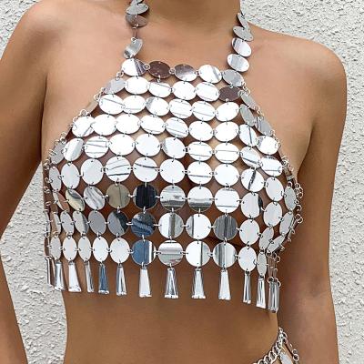 China FASHIONABLE Silver Bikini Top Halter Body Chain Harness Jewelry Halter Body Chain Halter Festival Praise Party Tassel Crop Top Silver Chainmail Mini Skirt for sale