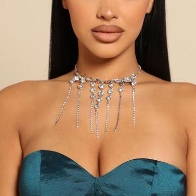 China Big Gem Crystal Choker Necklace Rhinestone Collar Long Tassel Jewelry Women Romantic Fashionable Dangle Drop Scarves For Bridal Wedding for sale