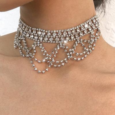 China Romantic Luxury Multilayer Rhinestone Necklace Vintage Diamond Crystal Choker Necklace For Wedding Sparkle Bride Jewelry for sale