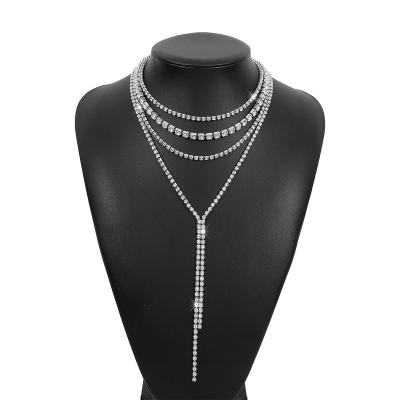 China TRENDY Long Tassel Rhinestone Choker Necklace Shining Multilayer Body Chain Jewelry For Party Luxury Rolo Collar 4 Layers for sale