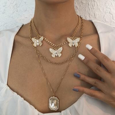 China Butterfly Fashion Jewelry Luxury Necklace Multi Layer Gold Plating Diamond Geometric Chain Butterfly Necklaces For Women for sale