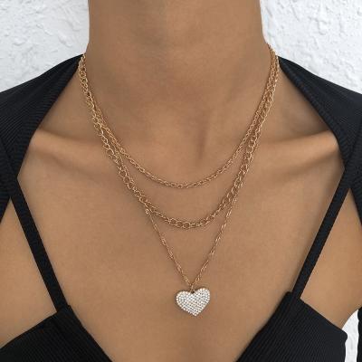 China FASHIONABLE women wholesale Diamond Heart Necklace personalized delicate and minimalist multi layer chain fashion jewelry for sale