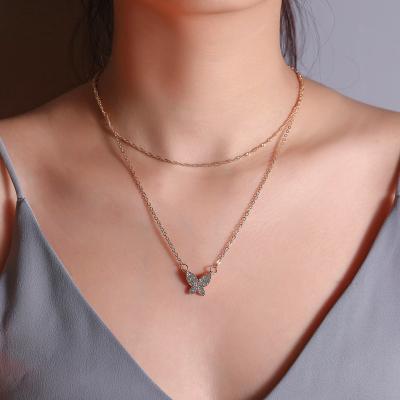 China Fashionable 2021 CLASSIQUE Double Chains Necklace 18k Gold Silver Butterfly Pendant Diamond For Women Necklace for sale