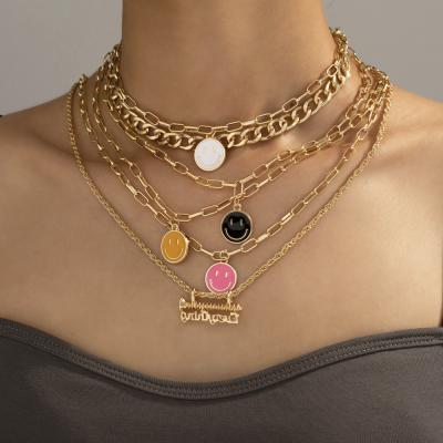 China TRENDY Vintage Fashion Smile Face Necklace Jewelry Double Layer Alloy Necklace For Women for sale