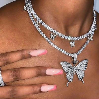 China Silver Plating Diamond Geometric Chain Cuban Butterfly Necklaces Set Necklace Gold Butterfly Fashion Hip Hop Luxury Women's Jewelry for sale