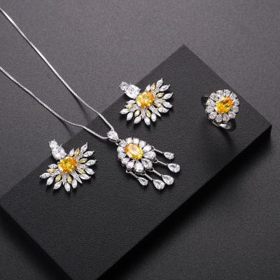 China Lead Free Nickel Free Women Flower Elegant Rhinestone Necklace Dangle Earrings Rings Set Vintage Banquet Jewelry for sale