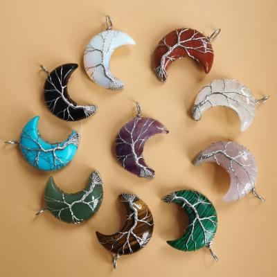 China Vintage Exotic Tree Of Life Moon Necklace Pendant Natural Stone Wire Wrapping Necklace Personalized Jewelry for sale