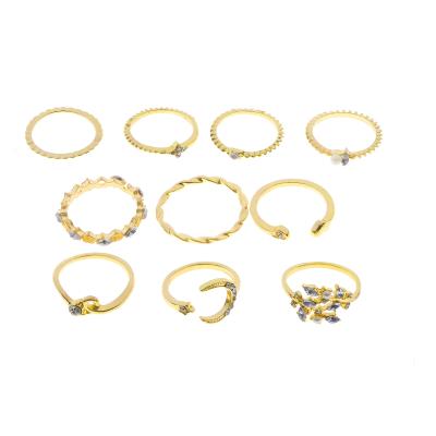 China FASHIONABLE Bohemian Ring Set Accessories Alloy Gold Plated Moon and Star Diamond Pearl Rings Ten Piece Set for sale