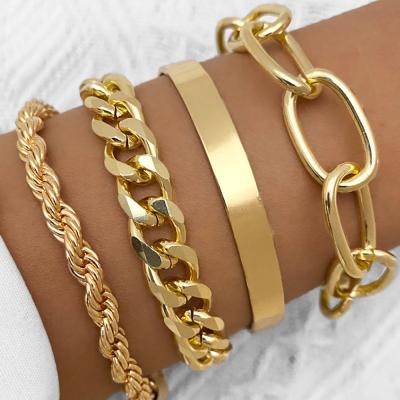 China Simplicity Match Stacking Style Vintage Gold Plated Link Chain Bracelets 4pcs Bracelets Set High Polished Charm Gold Bracelet For Women Jewelry for sale