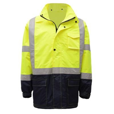 China Water Proof Class 3 Premium Safety Hooded Reflective Yellow Raincoat With Black Bottom for sale