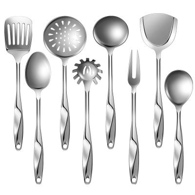 China Kitchen Utensil Set of 8 Piece Stainless Steel Skimmer Turner Spoon Pasta Server Fork Cooking Utensils for sale