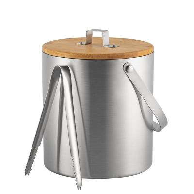 China Commercial Double-Wall Stainless Steel Insulated Ice Bucket Built-In Ice Tongs with Wooden Lid and Handle for sale