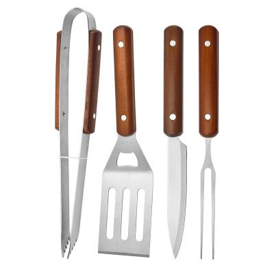 China Stainless Steel BBQ Accessories Spatula Tongs Knife Fork Wood Handle Barbecue Grill Tool Set of 4 for sale