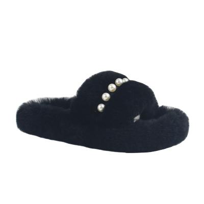 China 2022 New Design Anti-odor Sheepskin Fur Slides Real Pearl Warm Woolen Winter Women Slippers for sale