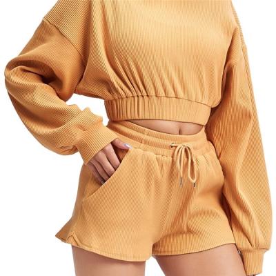 China 2021 Anti-wrinkle Women Sweatshirt Set Custom New Fashion Long Sleeve Crop Tops Shorts Sports Fitness Suit Jogger Two Piece Set for sale