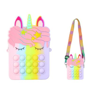 China Rainbow Pop Mini Coin Wallet Bag Push Cute Cartoon Girls Eco-friendly Silicone Material Toss Unicorn Coin Purse for sale