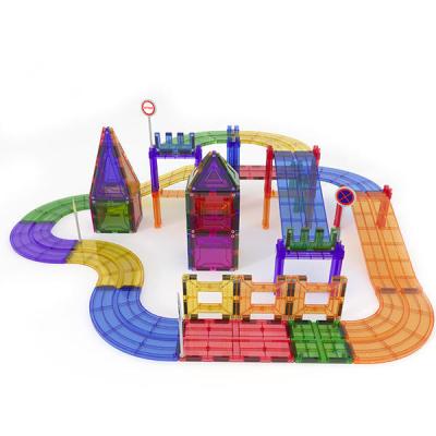 China Building Toy DIY PEND BACK Educational Magnetic Building Block 108 PCS Magnetic Tile Race Track Set With Electric Car for sale