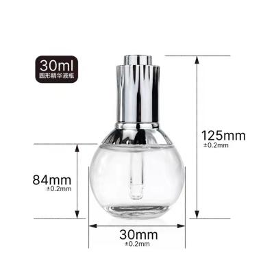 China Cosmetic Packaging 50ml Bright Silver Cosmetic Packaging Round Skin Care Dropper Glass Bottle for sale