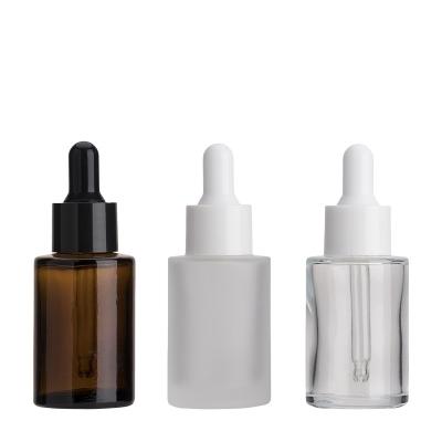 China Personal Care 20ml 30ml Shoulder Flat Cylinder Amber Clear Frosted Glass Dropper Bottle For Serum Essential Oil for sale