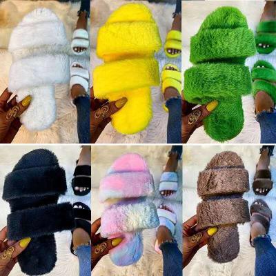 China CUSHIONING ladies fluffy slippers home winter use soild colors fur slippers fluffy slippers for women flat sandals platform sandals for sale