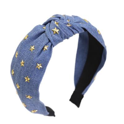 China Fashion Trend Stretching Girls Hair Accessories Knot Ornament Wide Denim Rivet Hair Band for sale