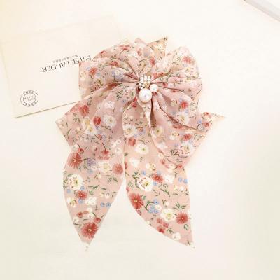 China Fashion Hair Accessories Holiday Girl Flower Print Bow Chiffon Fabric Soft Hair Clip For Girl for sale