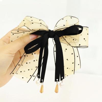 China Fashion High Quality Korean Chiffon Hairpins Sweet Girls Beads Chiffon Ribbon Hair Clips for sale