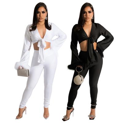 China Short Top Women's Breathable Two Piece Set Plain Solid Color Bandage Pencil Pants Women's Two Piece Set for sale