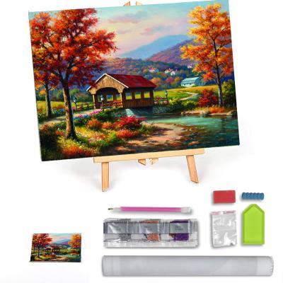 China Full Diamond Creek Tree Landscape Home American Style Diamond Painting Wall 5D Diamond Painting Kit Autumn Cabin for sale