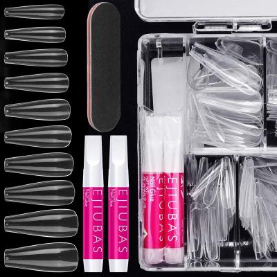 China Easy Apply BTArtbox Natural Nail Tips Kit 500PCS/box 4PC Long Coffin Full Cover Clear False Nails Sticks 1PC Nail File With Case for sale