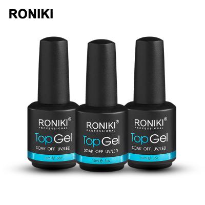 China Easy To Apply And Soak Off RONIKI Logo Custom Private Label Clear No Wipe UV Gel Top Coat Nail Polish for sale