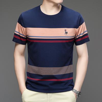 China 2022 Wholesale Anti-Wrinkle Embroidery Shirt Mercerized Cotton T-shirt Slim Fit Striped T-shirt for sale