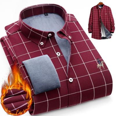 China Anti-pilling Winter Thickening Keep Warm Fleece Striped Grid Fleece Shirt Men Embroidery Logo Flannel Shirt Camisetas De for sale