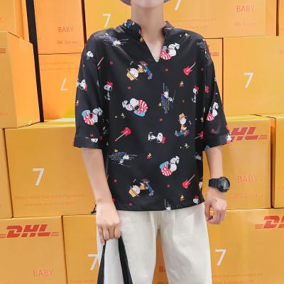 China Wholesale anti-pilling summer fashion v-neck buttons short plaid printing shirt printed shirts for man for sale