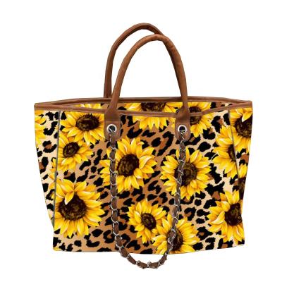 China Lady New Fashion Personalized Tote Sunflower and leopard print zipper women tweed bag with chains for sale