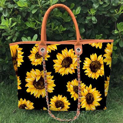 China Vintage Women Personalized Monogrammed Cow Sunflower Bull Skull Print Double Chains Casual Ladies Tote Bag for sale