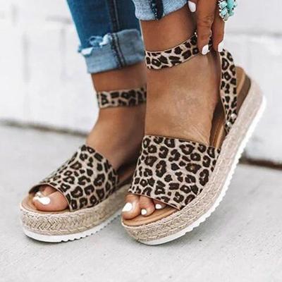 China Summer Leopard Print Hemp Rope Open Toe Adjustable Buckle Platform Women Sandals for sale