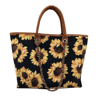 China Wholesale New Bohemian Sunflower Printed Tote Bag Cow Bull Skull Tweed Handbag for sale