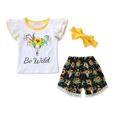 China Sweet Summer Bull Skull Print Short Sleeve Tops Pom-Poms Shorts Baby Toddler Kids Clothing Sets for sale