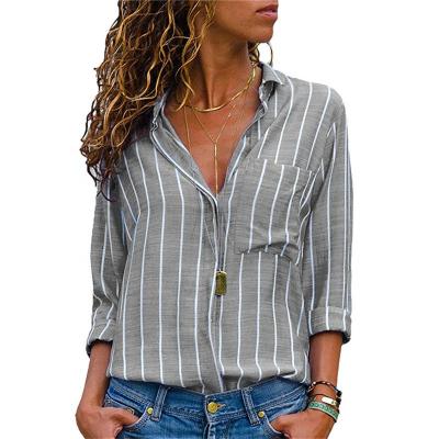 China Best Selling Breathable Spring Print V-Neck Chiffon Women Casual Striped Shirt for sale