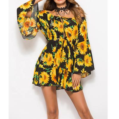 China Breathable Women Sunflower Print Off Shoulder Flare Sleeve Mini Dress for sale