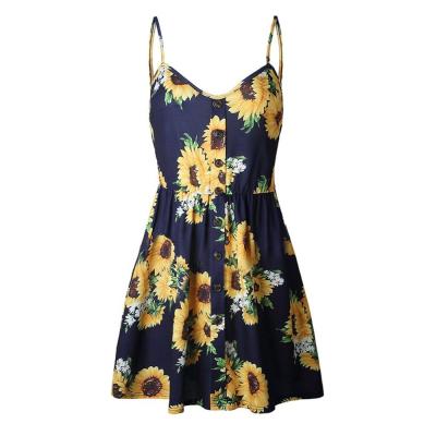 China Breathable Women Button Sunflower Print Casual Bride Dress for sale