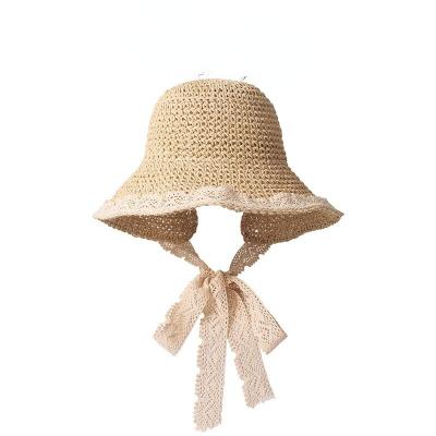 China Wholesale Women's Foldable Spring Folding Bucket Paper French Pastoral Straw Hat And Summer Lace Band Decoration Crochet for sale