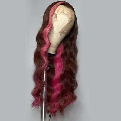 China Easy Apply Wholesale Cheap Pink Lace Front Wig Body Wave Brown Skunk Stripe Highlight Closure Wigs for sale