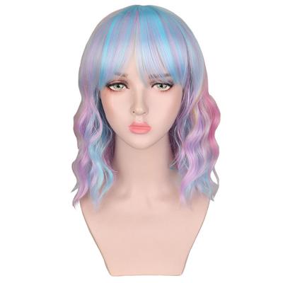 China Cheap Low MOQ Women Short Bob Wavy Synthetic Soft Full Hair Wig Shoulder Length Wigs With Bangs For Halloween Cosplay Party for sale