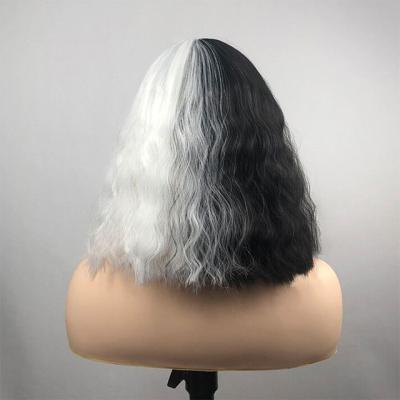 China Low MOQ Curella Cosplay Costume Wig Black And White Fluffy Short Half Layered Synthetic Hair For Halloween Christmas Carnival Party for sale