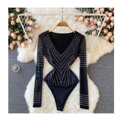 China Factory Supply Women Sexy Vintage Autumn O-Neck Breathable Body Suit With Rhinestones for sale