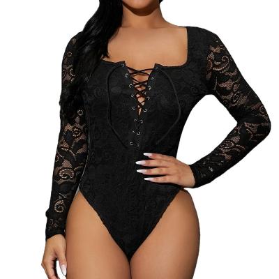 China Spandex/Polyester Quality Choice Autumn Long Sleeve Sexy V-Neck Lace Stitching Hollow Out Women's Jumpsuit for sale