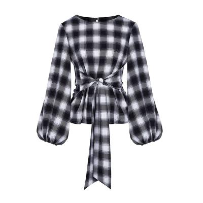 China Hot New Products Autumn Casual Crew Neck Knitted Anti-wrinkle Long Sleeve Plaid Shirt For Women for sale